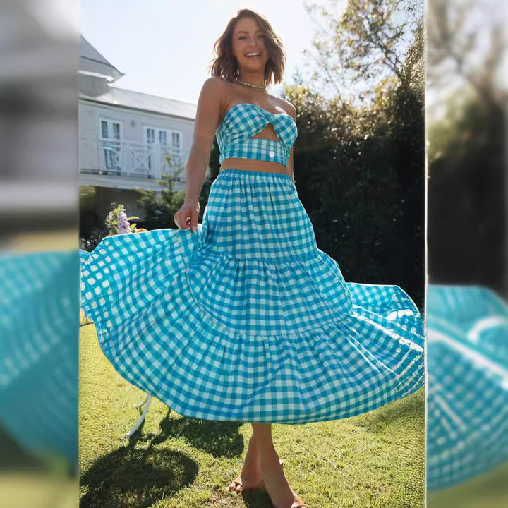 Ensemble style vichy deux pièces pour femmes avec crop top et jupe volumineuse Levoire