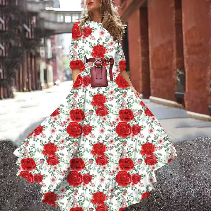 Levoire | Dress décontracté lumineux de vacances longue grande fleur rouge