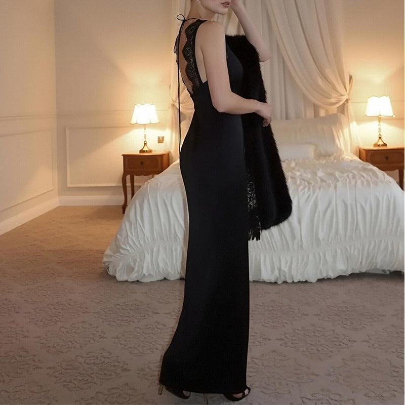 Robe maxi en dentelle élégante pour femme avec décolleté en V profond et gants longs Levoire