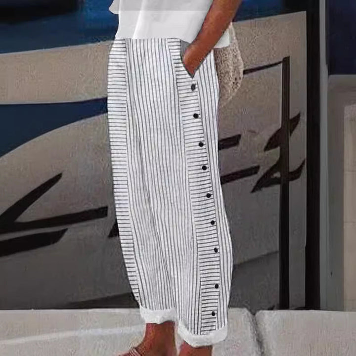 Levoire | Pantalons À Accents À Boutons Rayés Off White (Épuisé rapidement)
