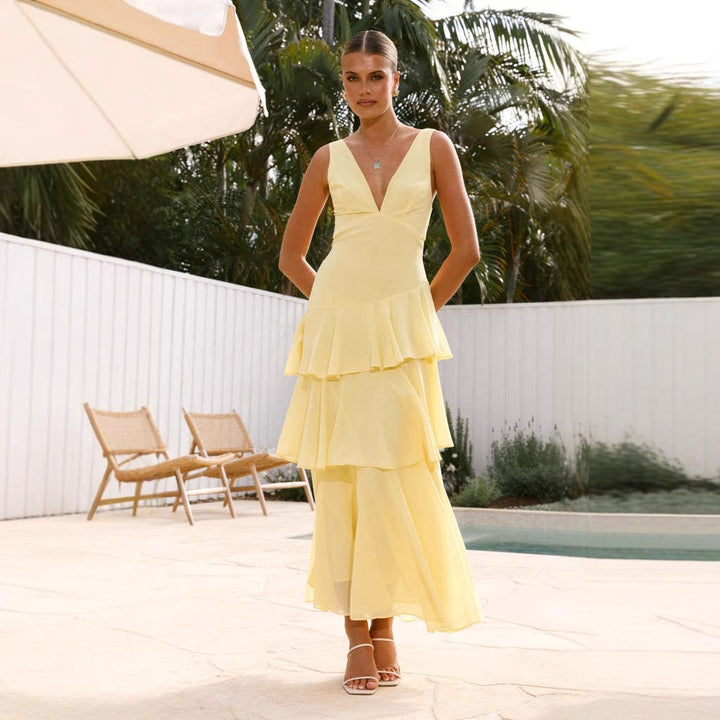 Robe maxi femme avec volants asymétriques et élégant décolleté en V Levoire