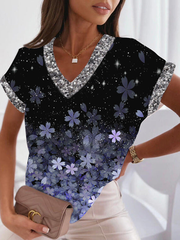Levoire | T-shirt imprimé tendance à col en V et manches chauve-souris Bleu cobalt