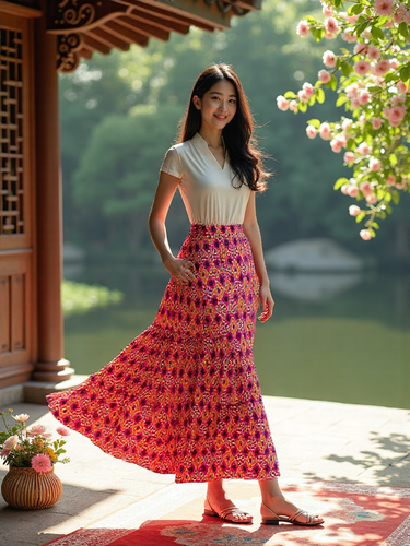 Jupe maxi féminine avec un mélange de motifs vibrants et des volants volumineux Levoire