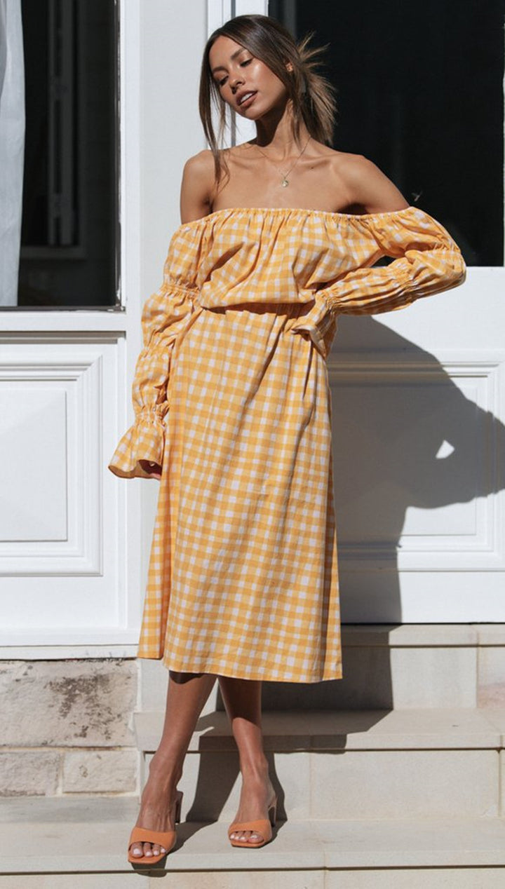 Robe midi femme à épaules dénudées avec motif à carreaux et taille élastique Levoire