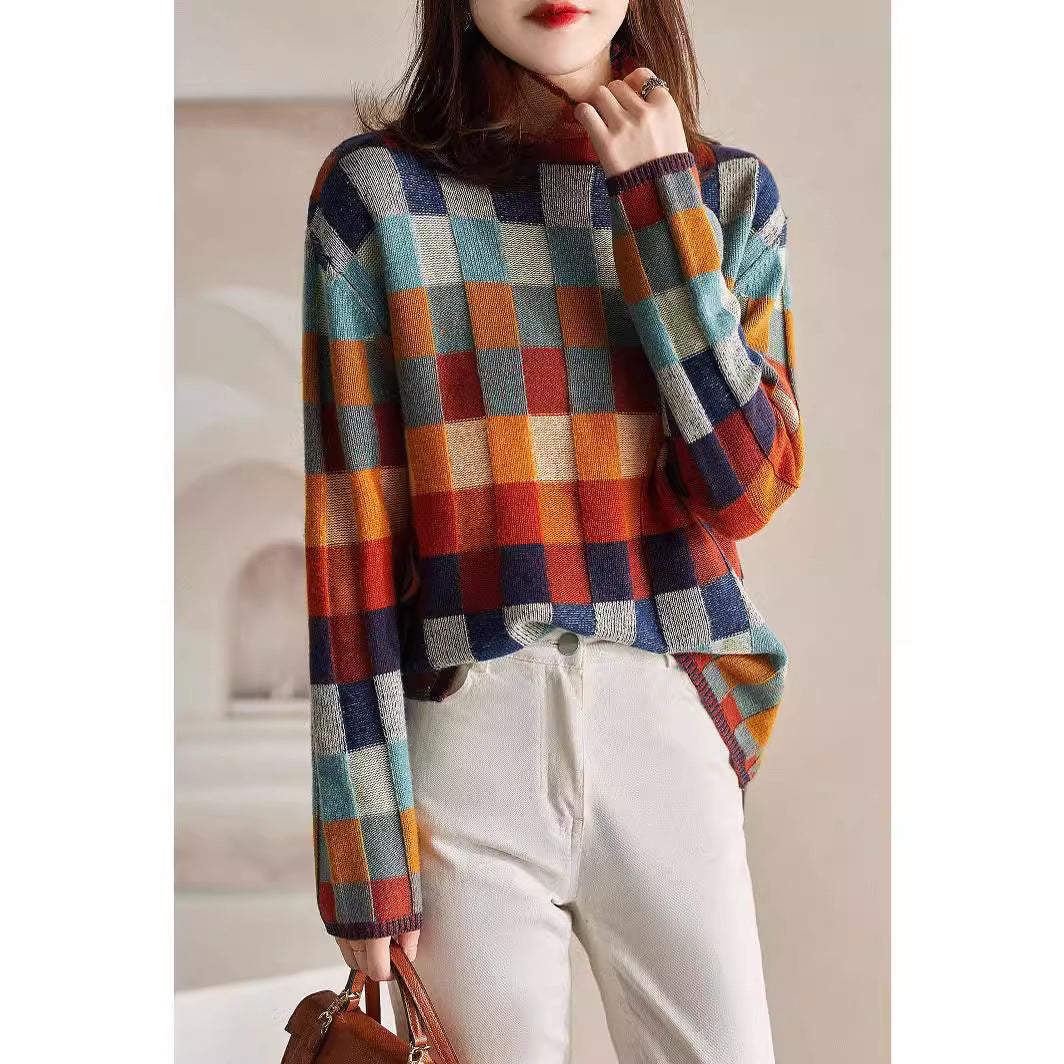 Pull à carreaux coloré pour femmes avec col montant et tricot doux Levoire