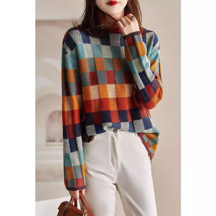 Pull à carreaux coloré pour femmes avec col montant et tricot doux Levoire