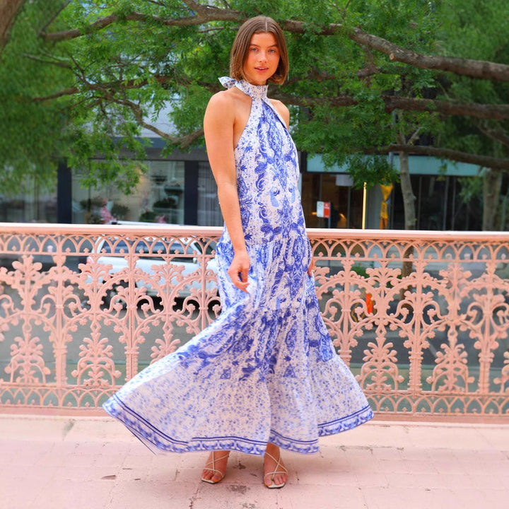 Robe maxi à dos nu pour femme en motif paisley ludique Levoire