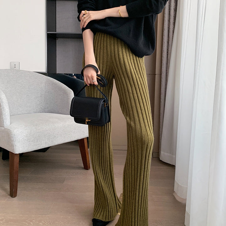 Pantalon en tricot côtelé confortable pour femme avec jambe large et taille haute Levoire