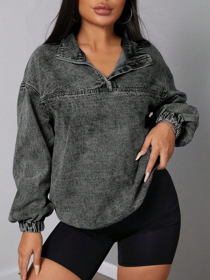 Pull en denim pour femmes, ample, avec col montant et fermeture éclair Levoire