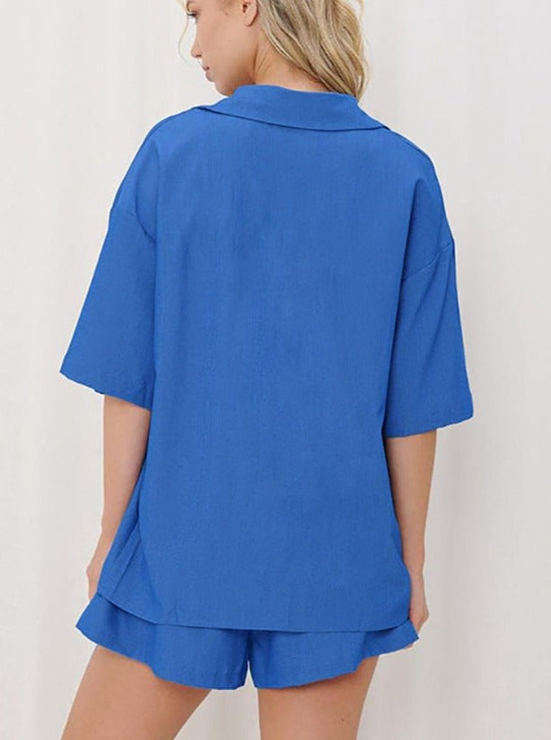 Levoire | Chemise Bleue À Col Avec Manches Courtes Et Shorts