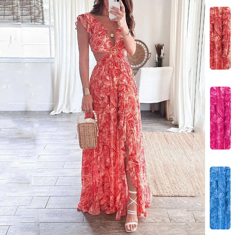 Robe maxi longue pour femmes avec design élégant à découpes et encolure à volants Levoire