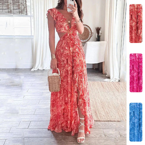 Robe maxi longue pour femmes avec design élégant à découpes et encolure à volants Levoire