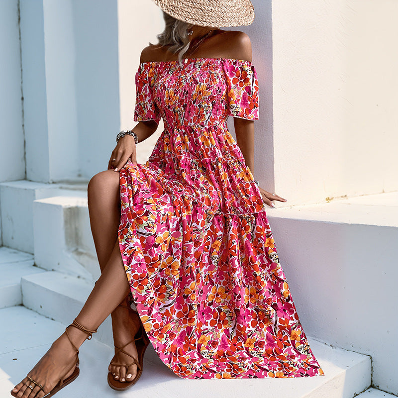 Robe maxi décolletée pour femmes avec motif floral et détails en volants Levoire