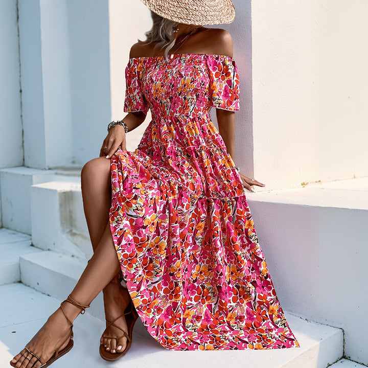Robe maxi décolletée pour femmes avec motif floral et détails en volants Levoire