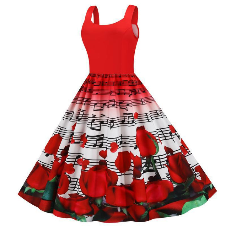 Robe swing pour femmes avec motif de rose musicale et jupe évasée Levoire