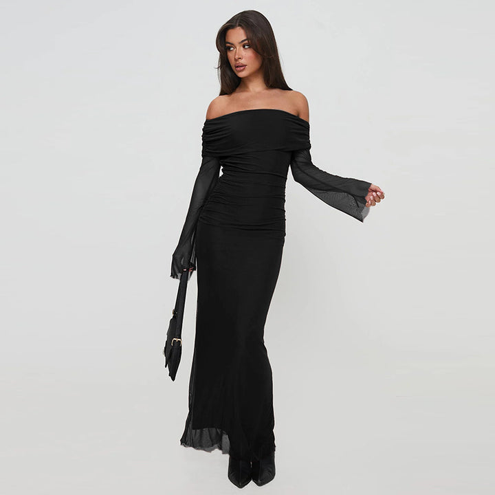 Robe maxi élégante femmes à épaules dénudées avec design de volants sophistiqué Levoire