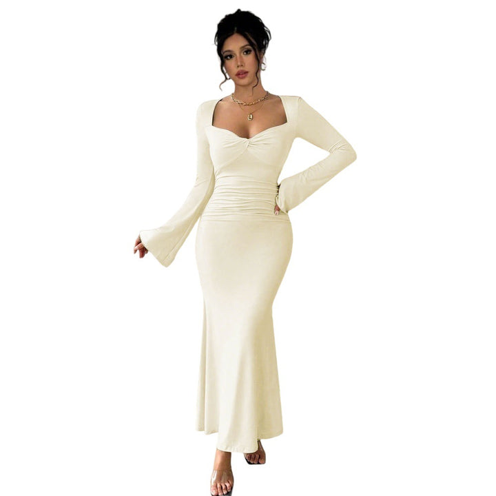 Robe maxi élégante à manches longues pour femmes avec décolleté en V profond et chic ruche Levoire