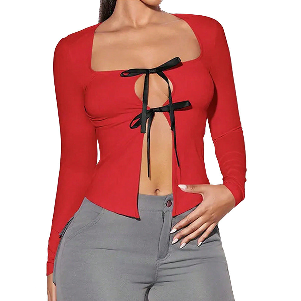 Blouse à manches longues pour femmes avec décolleté en clé séduisant et nœuds sophistiqués Levoire