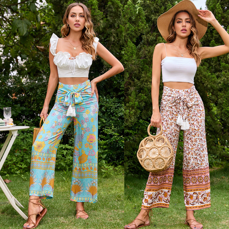 Pantalons palazzo pour femmes avec motif floral et ceinture élégante Levoire