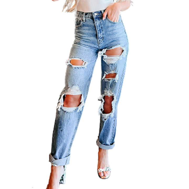 Jeans boyfriend déchirés taille haute pour femmes Levoire