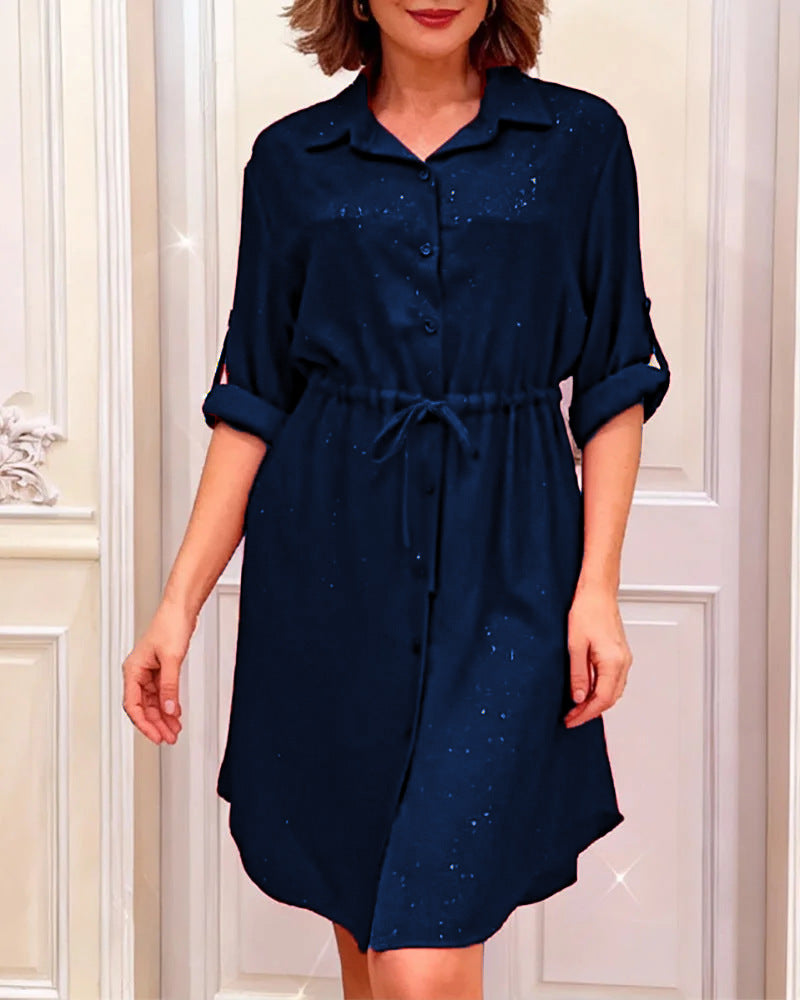 Robe chemise femme avec lacet à la taille et embellissement en strass festif Levoire