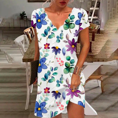 Levoire | Imprimé tendance en V à col en V Robe décontractée à manches courtes 4-Fleur Colorée