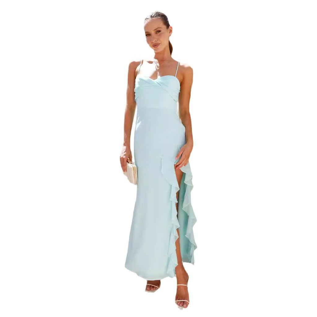 Robe maxi à manches longues pour femmes avec détails en volants et fente haute Levoire