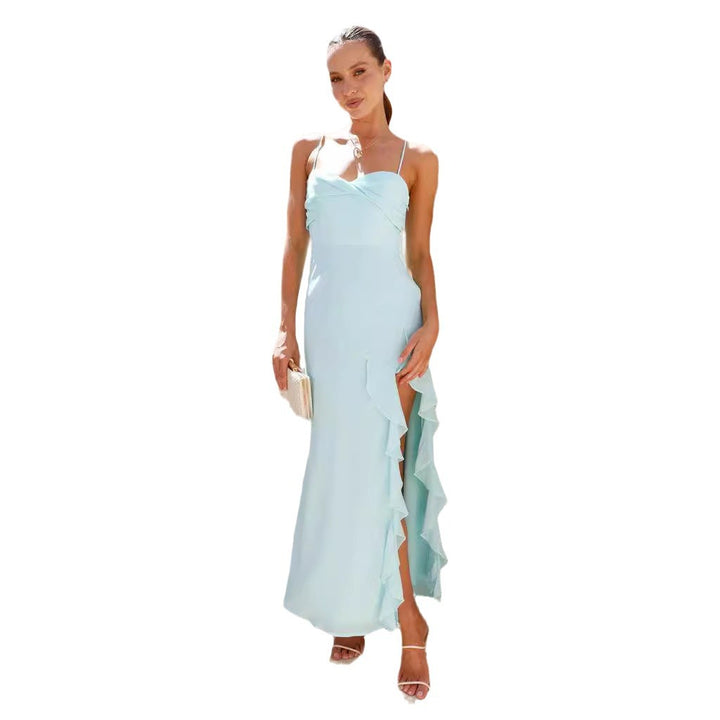 Robe maxi à manches longues pour femmes avec détails en volants et fente haute Levoire