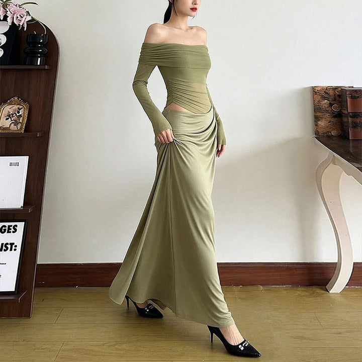 Robe maxi élégante pour femme à épaules découvertes avec détails en volants et manches longues Levoire