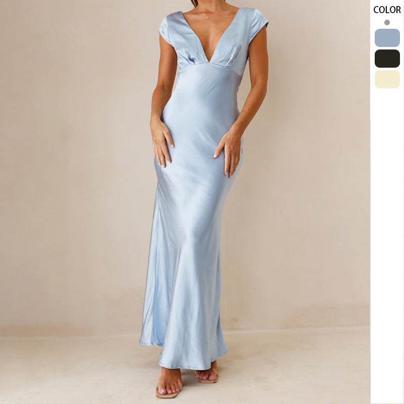 Robe maxi élégante pour femme avec décolleté en V profond et tissu satin fluide Levoire