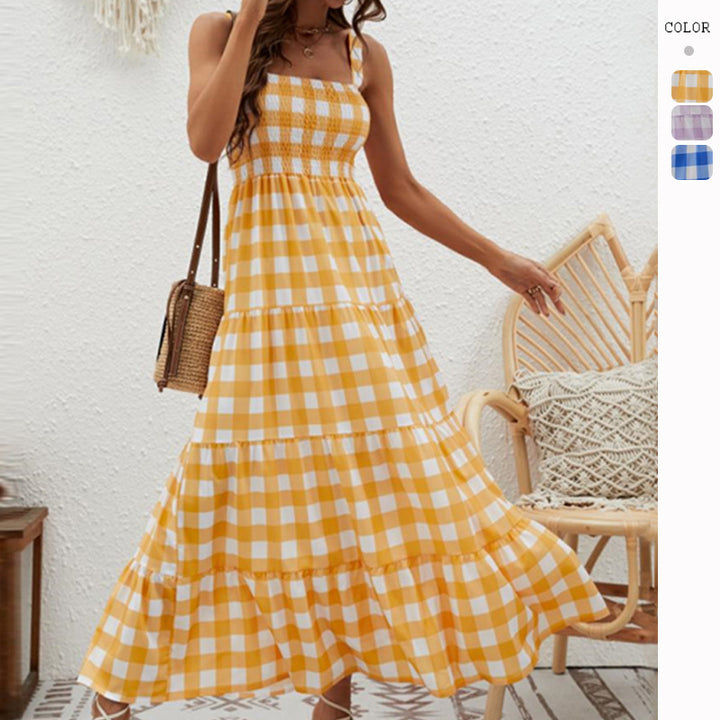 Robe Maxi Aérée pour Femme avec Motif à Carreaux et Corsage Élastique Levoire