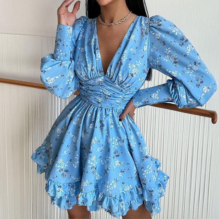 Robe à fleurs ludique pour femmes avec des manches volumineuses et une jupe froncée Levoire