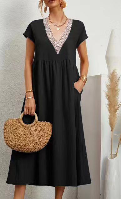 Levoire | Robe À Poches, À Manches Courtes, Ample, Avec Décolleté En V En Coton Et Lin Noir