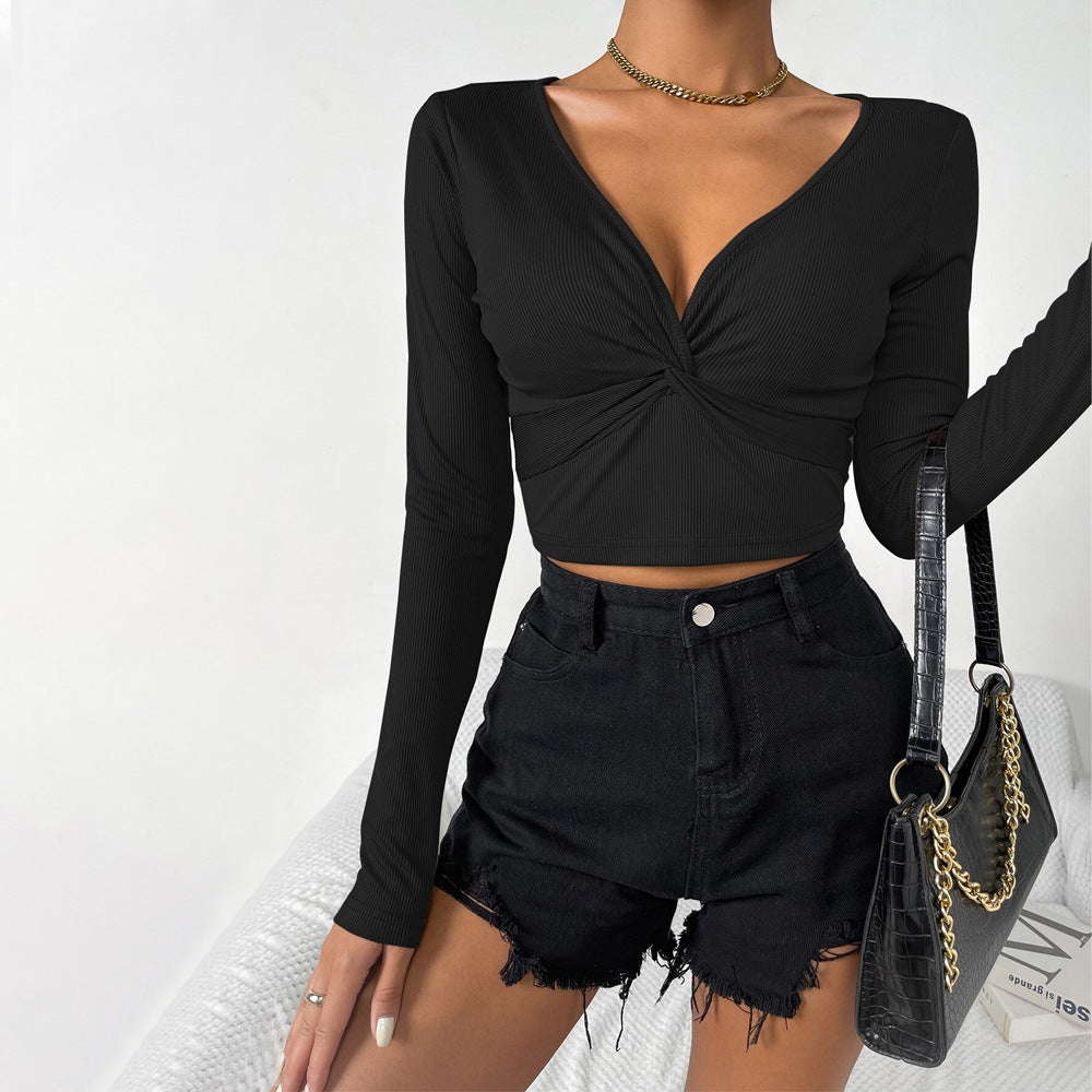Chemise à manches longues cropped pour femmes avec un design sophistiqué de détail en nœud Levoire
