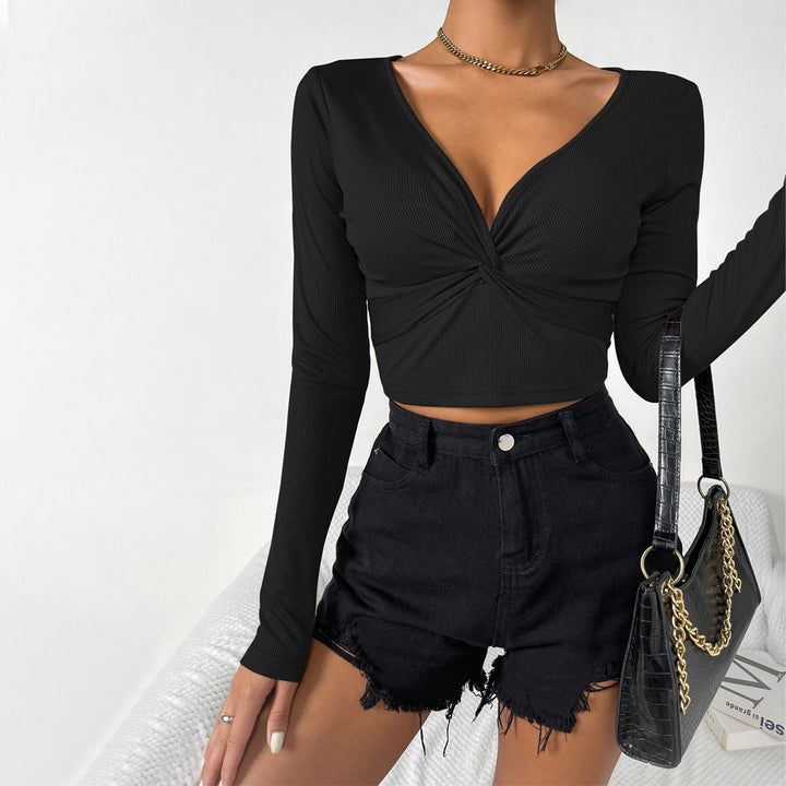 Chemise à manches longues cropped pour femmes avec un design sophistiqué de détail en nœud Levoire