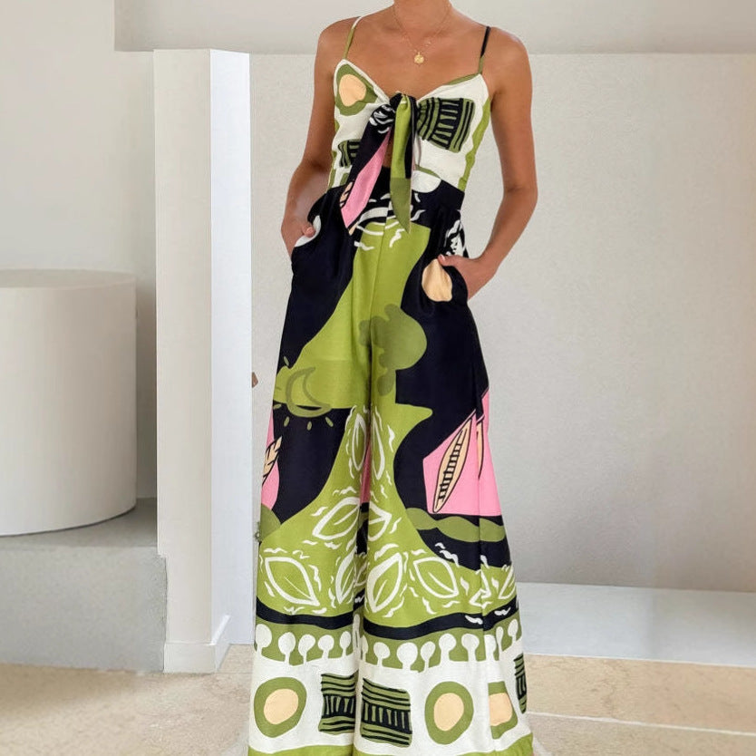 Jumpsuit Élégant Femme avec Motif Tie-Dye Ludique et Ceinture à Nouer sur le Côté Levoire