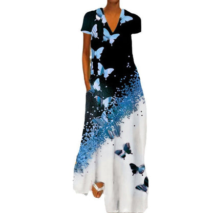 Levoire | Robe à encolure en V à manches courtes avec imprimé papillon élégant