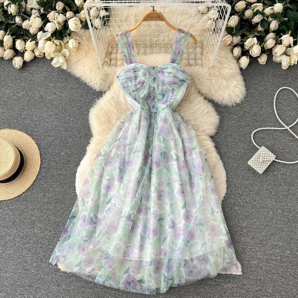 Levoire | Robe à fleurs française Lilas sur fond vert Taille libre