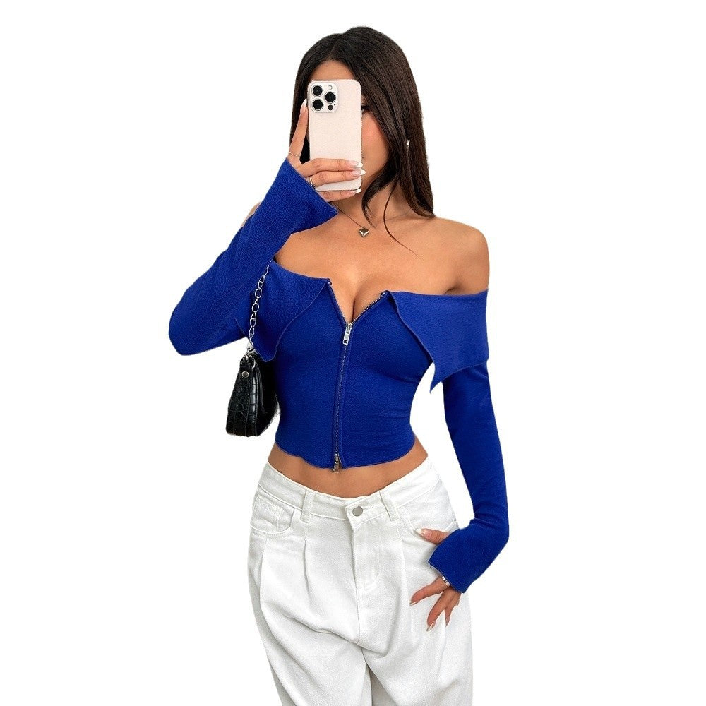 Top femme court avec fermeture éclair asymétrique et design décolleté épaule.