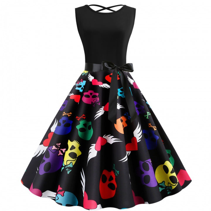 Robe swing femme avec design de crâne coloré et ceinture à lien latéral Levoire