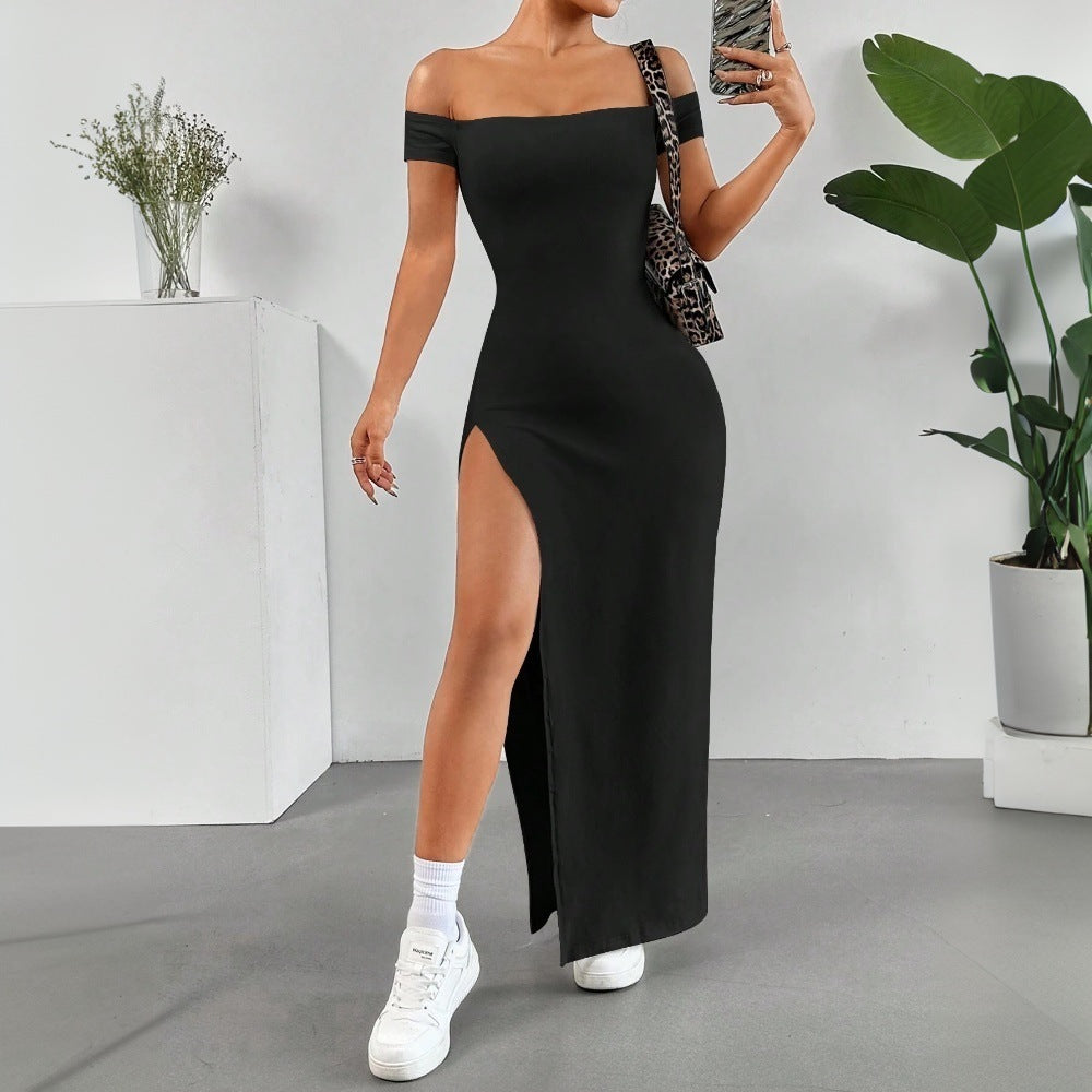 Robe maxi femme avec découpe épaule dénudée et fente haute Levoire