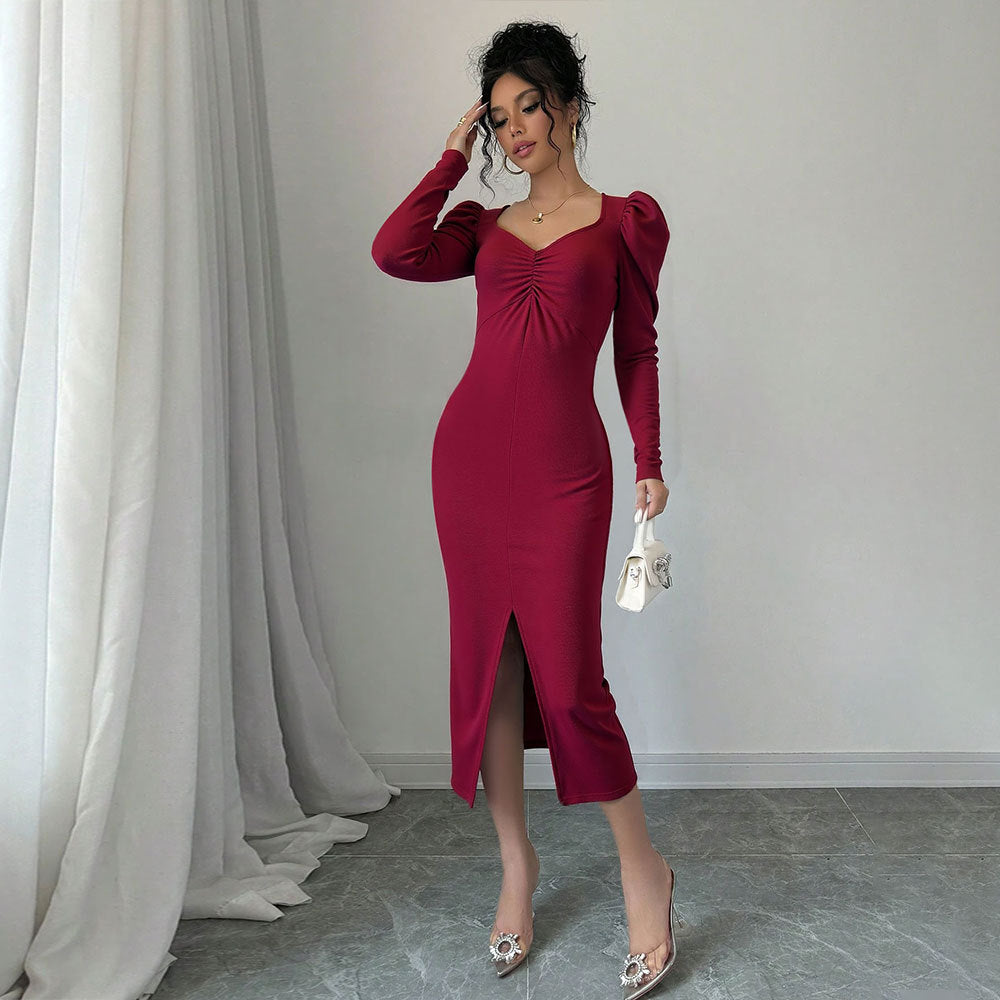 Robe midi femme avec manches bouffantes et fente sophistiquée Levoire