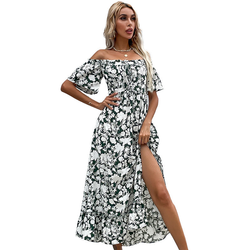 Robe maxi femme à épaules dénudées avec motif floral et fente ludique Levoire