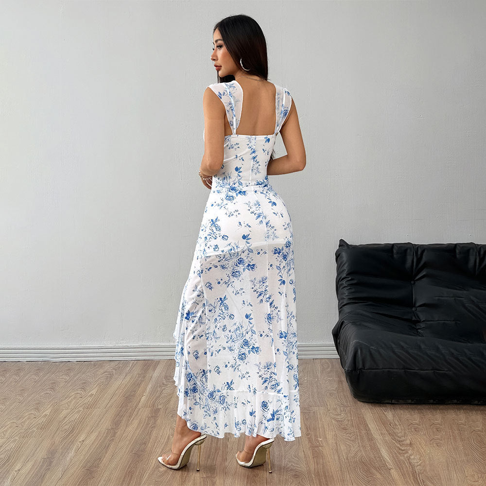 Robe maxi ajustée pour femmes avec design floral et fente latérale Levoire
