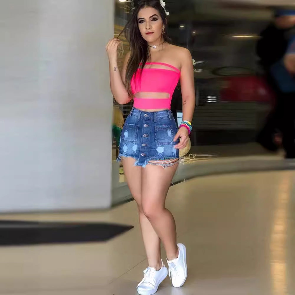 Femme Tendance Haut Court et Jupes Mini en Jean Levoire