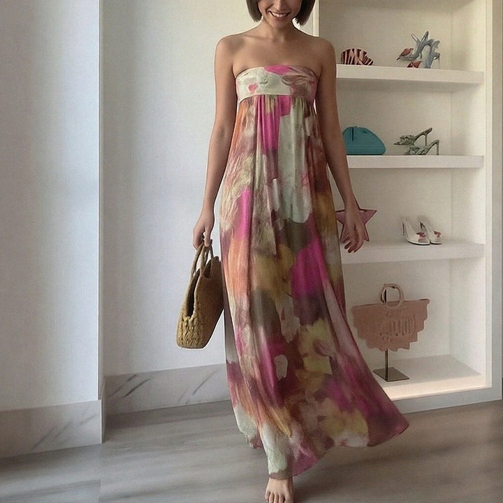 Robe longue de plage pour femmes avec design à épaules dénudées et motif floral Levoire