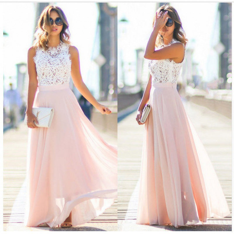 Robes maxi pour femmes avec un haut en dentelle florale et une jupe fluide Levoire