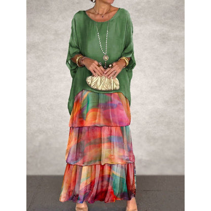 Levoire | Élégante Robe Longue à Manches Batwing et Col Ronde pour Femme impression rouge