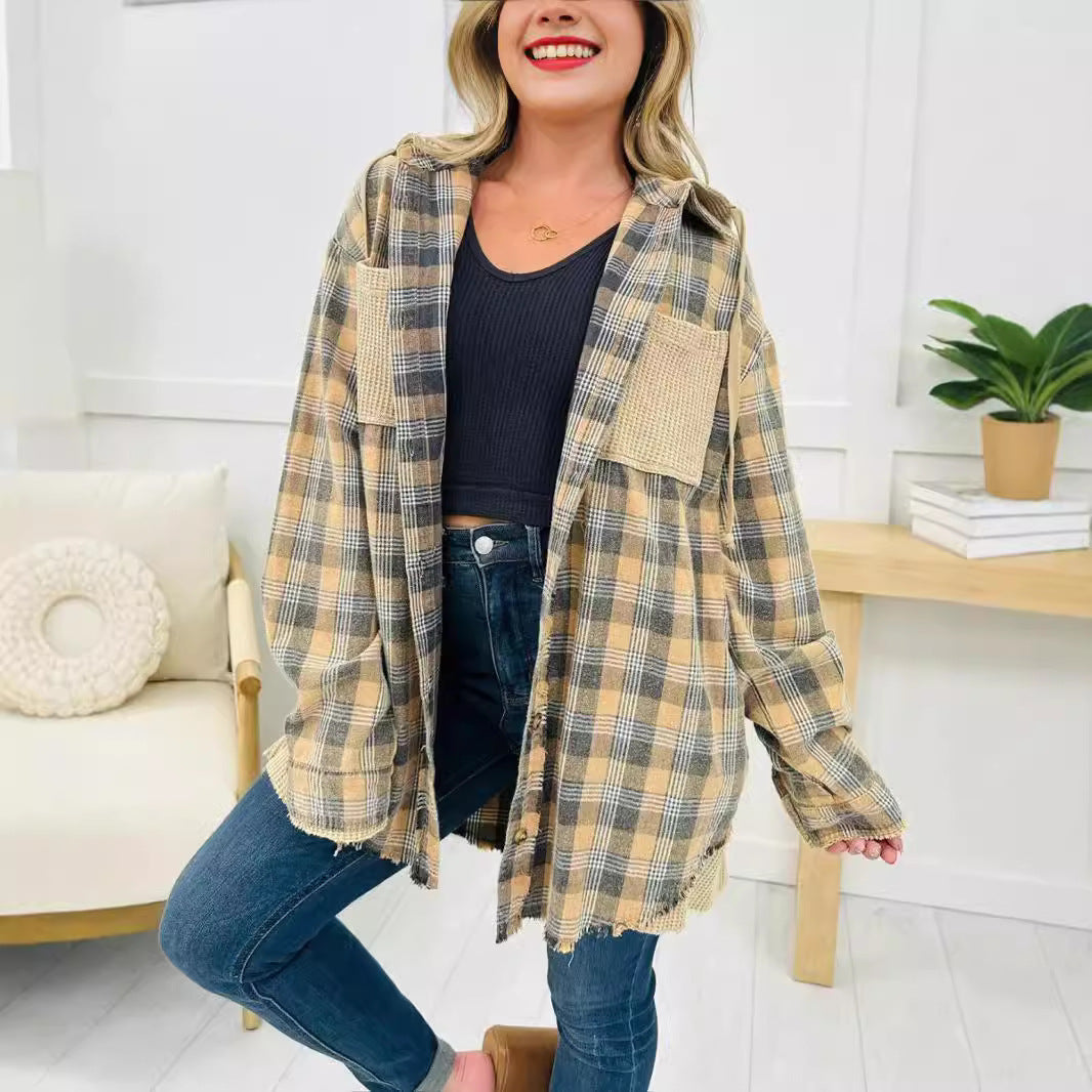 Chemise Veste à Carreaux Oversized pour Femmes avec Détails Frangés Levoire