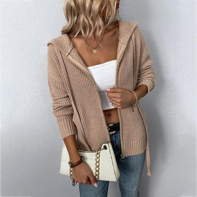 Levoire | Veste À Capuche Tricotée Zippée Pour Femmes Khaki